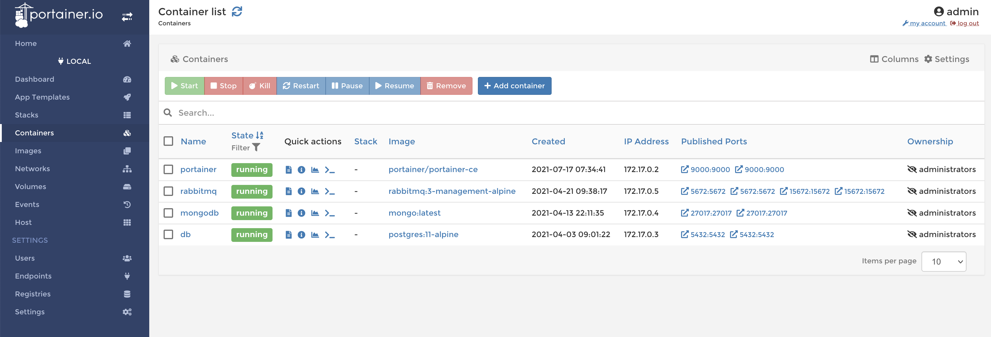 Lista de containers